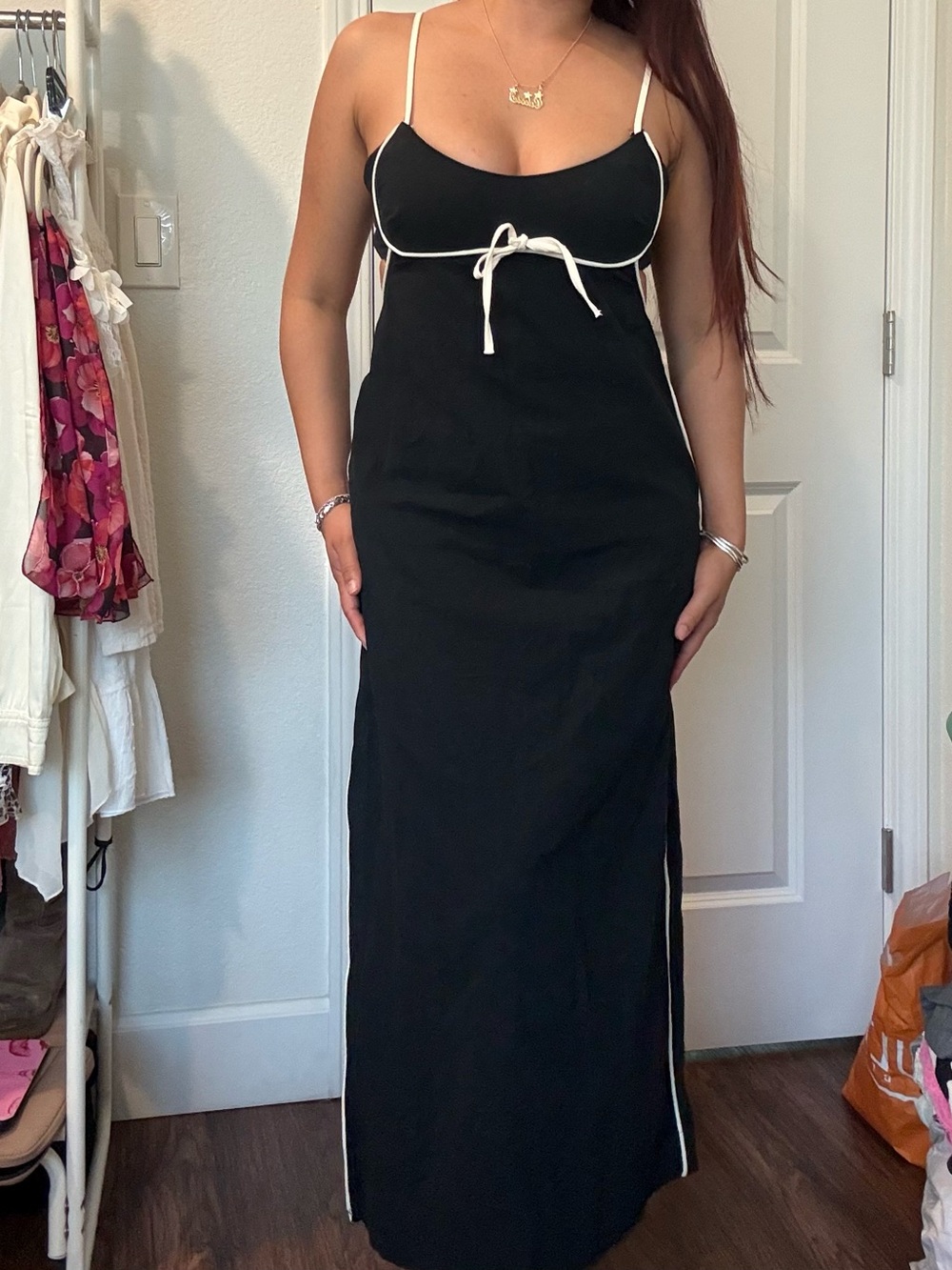 Black Contrast-Trim Maxi Dress with Tie Detail